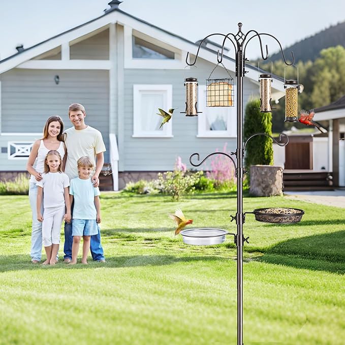 Bird Feeding Station Kit, 94 Inch, 6-Hook, Metal Birds Feeder Stand Pole with Bird Bath and Mesh Tray, Freestanding 5-Prong Base