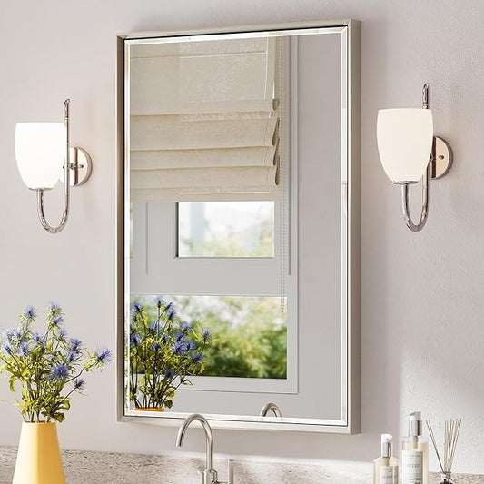 Brushed Nickel Bathroom Mirror, 24x36 Inch Beveled Framed Bathroom Mirror
