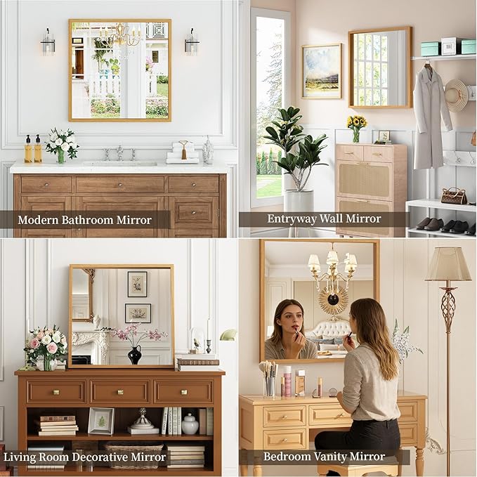 Syndra Square Natural Wood Frame Bathroom Mirror, Waterproof Slim Deep Frame