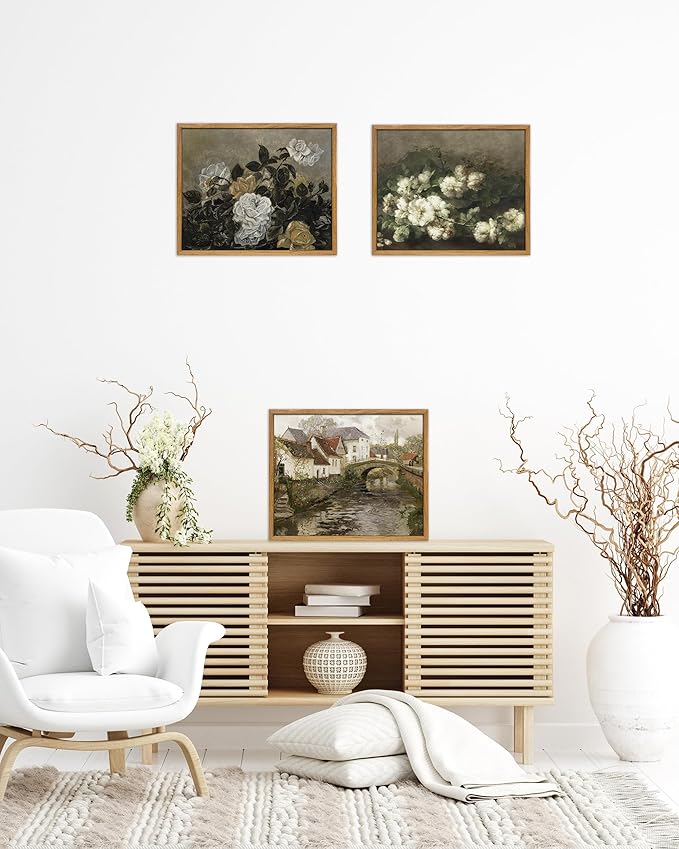 UPWOIGH Vintage Framed Wall Art,12"x16" Country Oil Painting,Belgian Village Canal Print,European City,Rustic Wall Decor,Antique Painting,Moody Autumn Farmhouse Artwork for Living Room Bedroom,1Pack