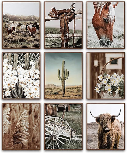 tgguytiy 9 Pcs Western Vintage Farmhouse Poster Canvas Wall Art Highland cattle