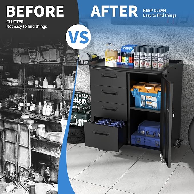 Metal Storage Cabinet with Wheels, Garage Storage Cabinet with 1 Door and 4