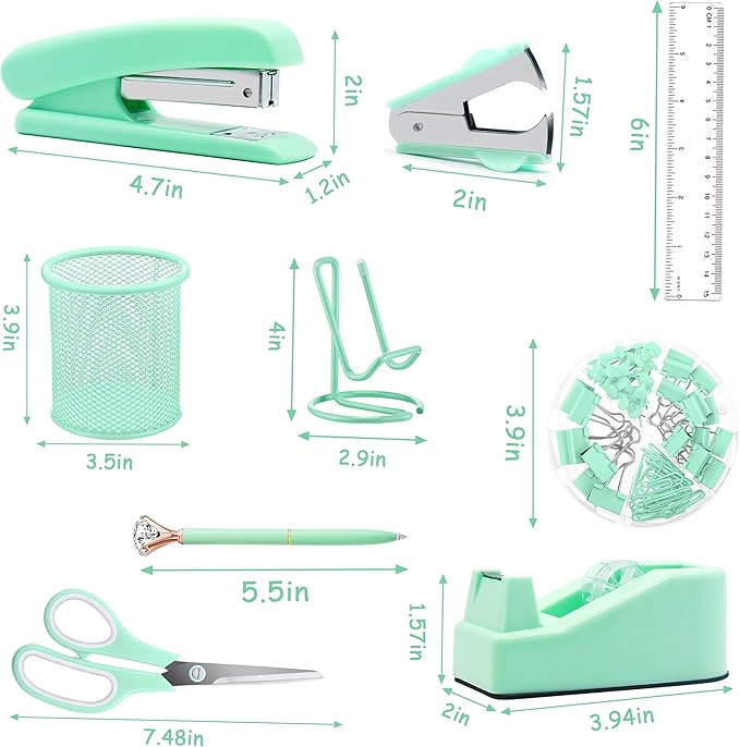 Green Office Supplies, Green Desk Accessories, Stapler, Staple Remover, Tape Holder, Pen Holder, Ballpoint Pen, Scissor, Binder Clips, 1000pcs Staples, Phone Holder, Ruler, Transparent Glue and Notes