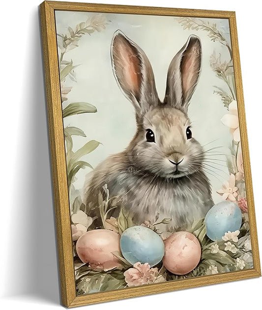 Easter Bunny Wall Art, Vintage Rabbit Canvas Wall Decor, Easter Eggs Poster