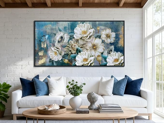Arjun Large Black Framed Flower Canvas Wall Art for Living Room White Elegant Modern Painting for Bedroom Textured Gold Foil Turquoise Picture Floral Teal Artwork Home Office Decor, 48"x24"