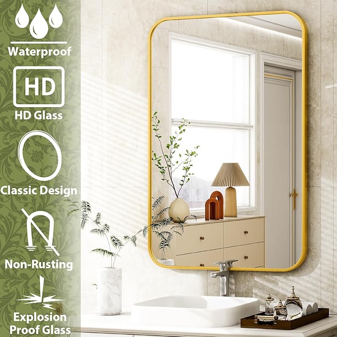 Easly 26 x 38 Inch Bathroom Mirror, Rounded Rectangular Vanity Mirror