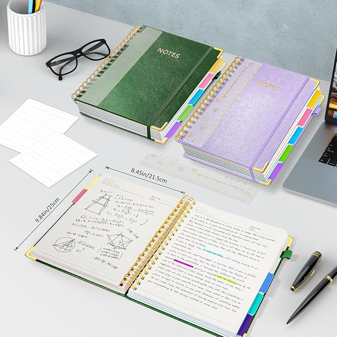 Hardcover Spiral Notebook Journal, 8"x10" Large B5 Notebooks with Removable Dividers Tabs, 300 Pages Leather 5 Subject Notebook College Ruled, Journal for Work School Note, 100 GSM Thick Paper,Green.