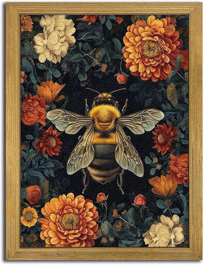 Framed Hand Drawn Sandstone Bee Wall Art, 3D Textured Nature Botanical Wall