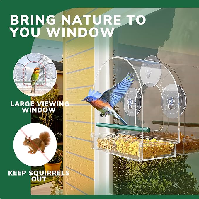 SUNALLY Window Bird Feeder for Outdoors, Clear Feeders Window Mounted with Strong Suction Cups, Fummingbird Feeder for Viewing Inside, Oriole, Finch Bird Watching for Cats, Elderly, Kids