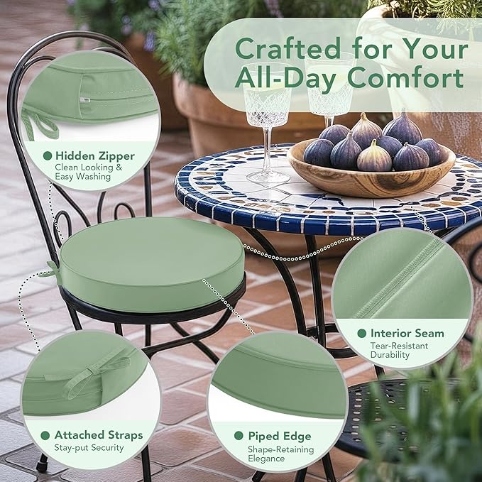 Summsun Outdoor Bistro Chair Cushions Set of 2, 15" D x 3" H Round Chair Cushions Waterproof and Fade Resistant Chair Cushion Pads with Non-Slip Ties and Removable Covers for Garden, Sage Green