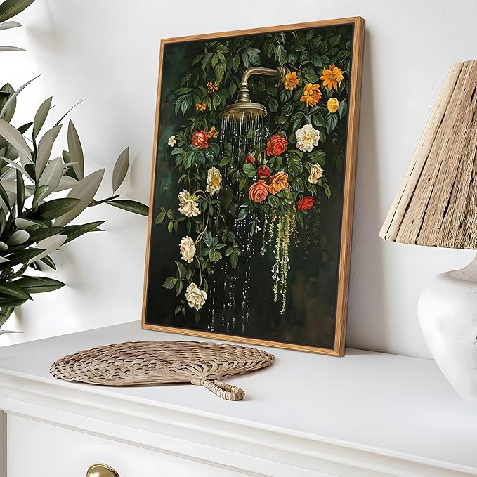 Floating Framed Floral Shower Wall Art, Vintage Botanical Flower Canvas Print
