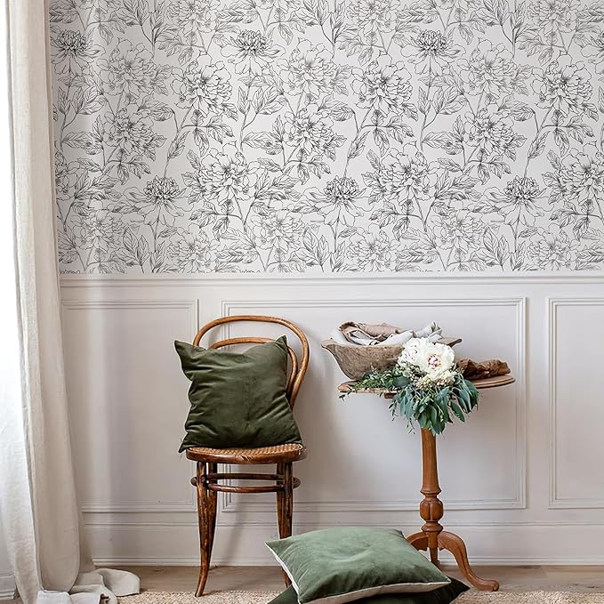 JiffDiff Peel and Stick Wallpaper Black and White Floral Wall Paper 17.3" x