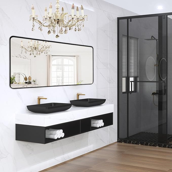 Wall Mount Mirror for Bathroom, Brushed Black Metal Framed Large Rounded Corner