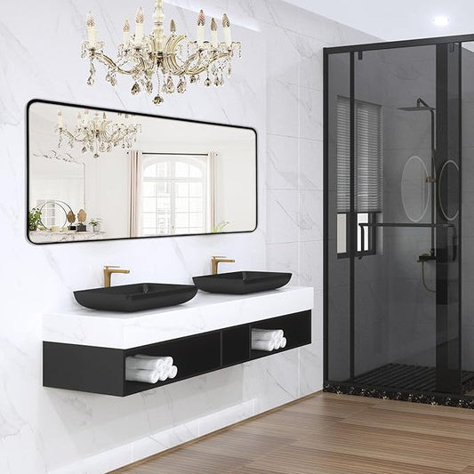 Wall Mount Mirror for Bathroom, Brushed Black Metal Framed Large Rounded Corner