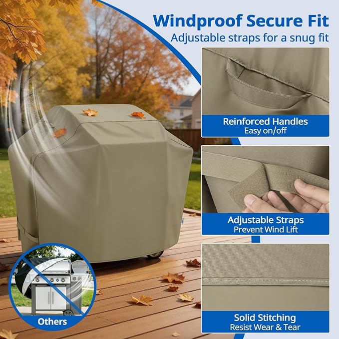 SunPatio Gas Grill Cover 60 Inch, Heavy Duty Waterproof Outdoor Barbecue Cover with Sealed Seam, FadeStop Material, All Weather Resistant Compatible for Weber CharBroil Nexgrill Grills and More, Taupe