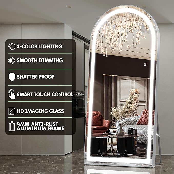 FENNIO Full Length Mirror with Lights, Free Standing Lighted Floor Mirror