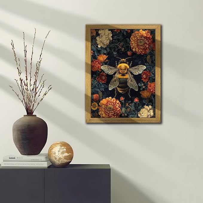 Framed Hand Drawn Sandstone Bee Wall Art, 3D Textured Nature Botanical Wall
