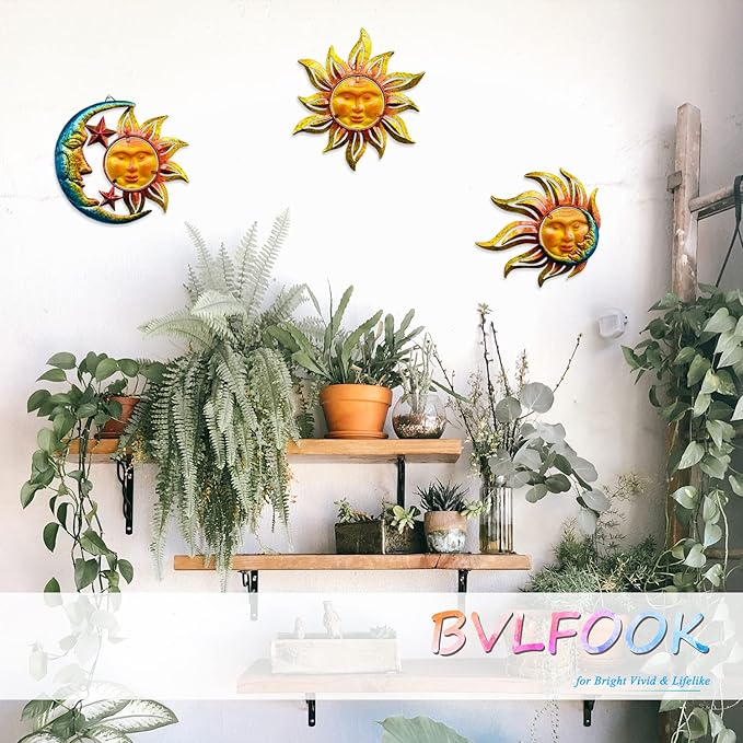 Home Wall Decor Living Room of Glass Sunface, Home Decor Wall Hanging Decor Metal Wall Art, Wall Decorations Boho Wall Decor, Garden Decor Farmhouse Decor Outdoor Decor for Patio, 3 Sets 9 inch Large