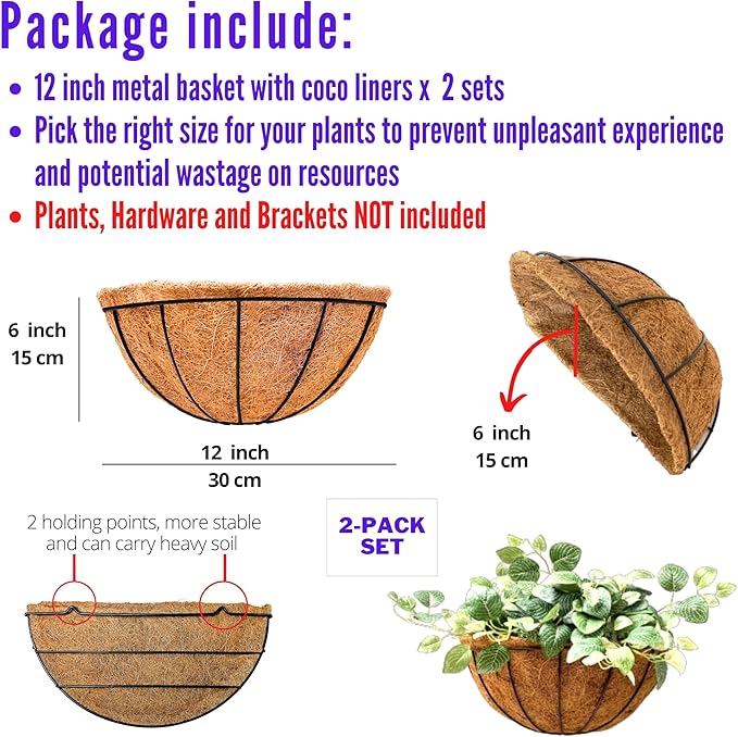 LaLaGreen Wall Hanging Planters, 2 Pack, 12 Inch Wall Mounted Flower Baskets