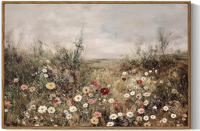 InSimSea Framed Canvas Prints Art Vintage Decor, Classical Wildflower Field Meadow Flowers Painting, Rustic Landscape Large Wall Art for Living Room Bedroom Home Bathroom Wall Decor, 16x24inch