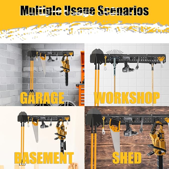 Heavy Duty Garage Wall Tool Organizer – Wall Mounted Storage Rack with Hooks & Panels – Tool Storage System for Garage, Workshop & Garden – Adjustable Hook Positions