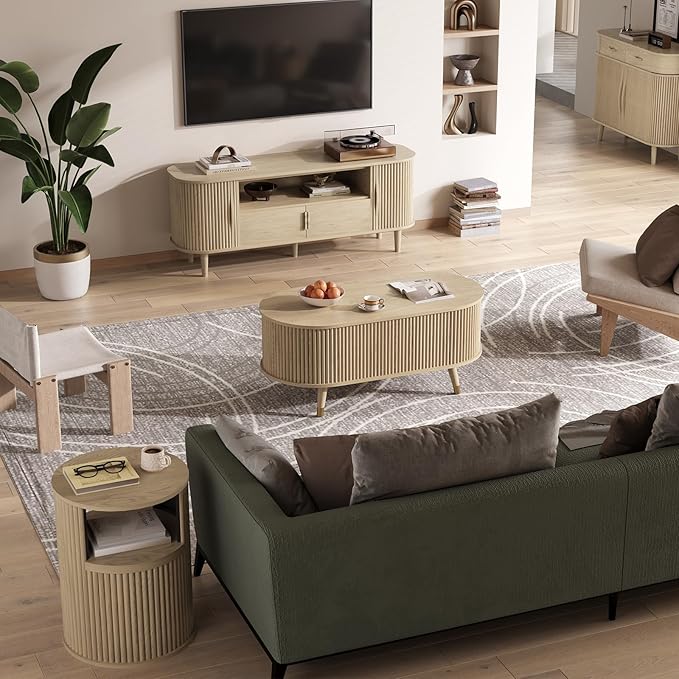 JOINICE 42.5" Oval Lift Top Coffee Table with Storage, Mid Century Modern Oak Center Table with Fluted Panel, Solid Wood Legs & Hidden Compartment for Living Room
