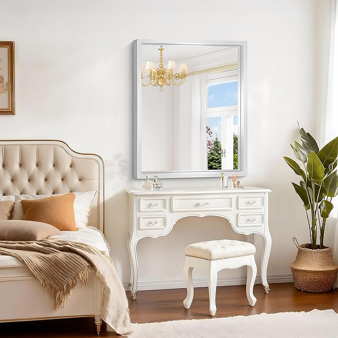 36x30 Silver Bathroom Mirror, Brushed Silver Rectangular Mirror