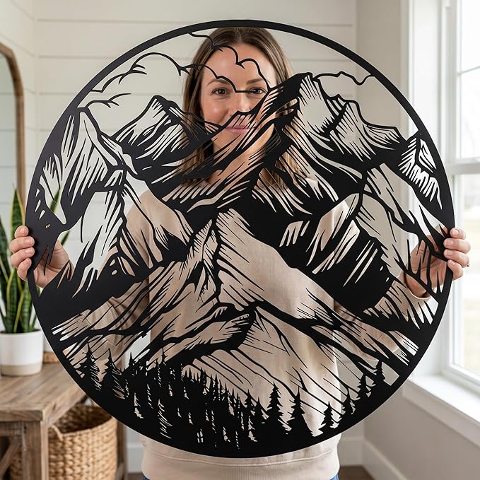 Metal Wall Decor | 17'' x 17'' x 0.05'' Mountains Themed Metal Wall Art | Handmade Indoor and Outdoor Wall Decorations
