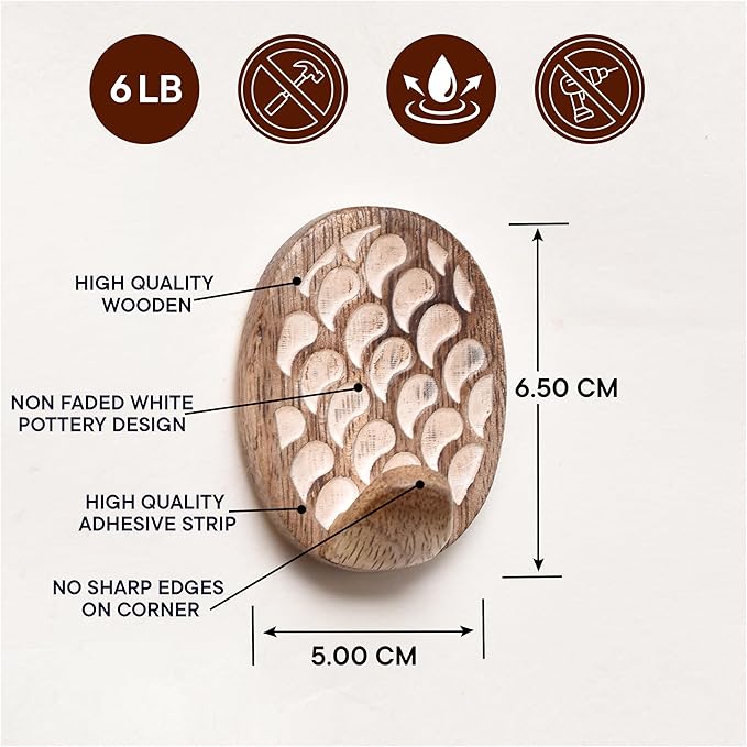 Indian Shelf 6 Lb- 6 Pieces Decorative Wood Adhesive Wall Hooks–Boho Peel and
