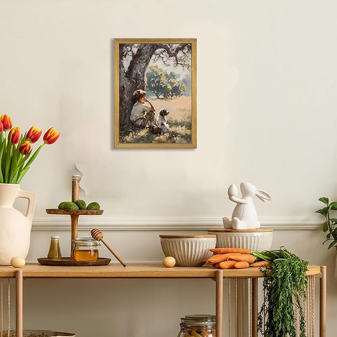 Wood Framed Canvas Wall Art, Vintage Boy and Dog Painting Poster, Countryside