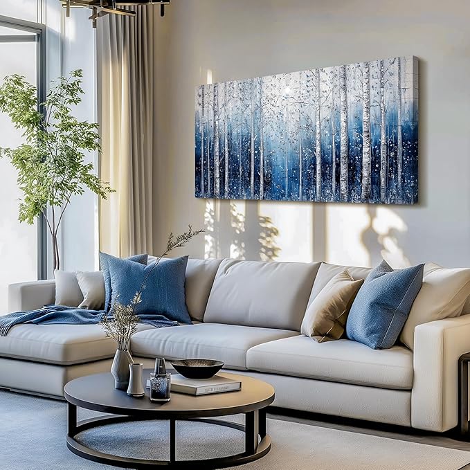 SERIMINO Birch Forest Wall Art, Nature Tree Extra Large Artwork, Spiritual Landscape Canvas Painting, Blue and White Aesthetic Pictures Wall Decor Living Room Bedroom Office Art Prints 29"X57"