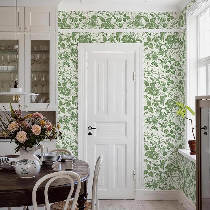 JiffDiff Floral Vintage Wallpaper Peel and Stick，Green Rose Wallpaper Removable