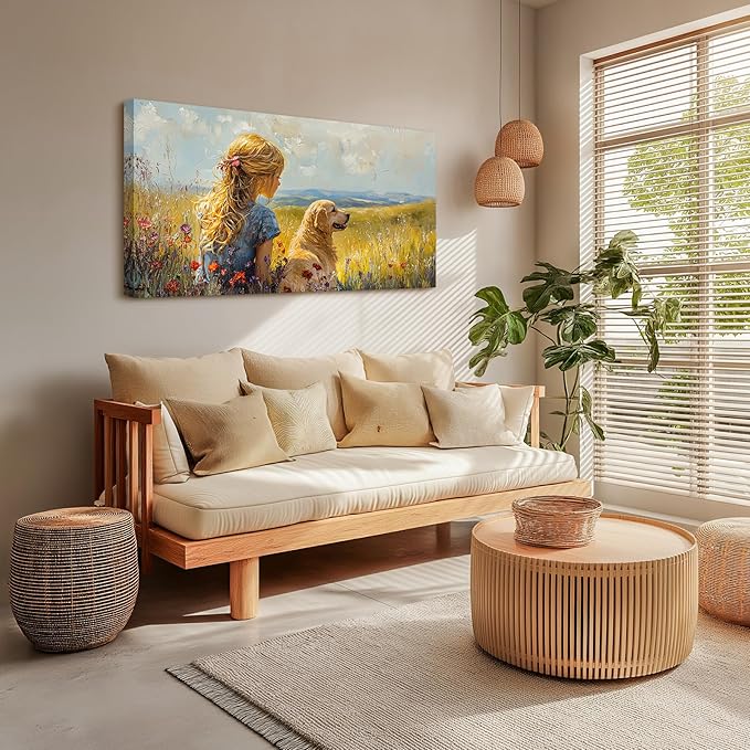 SERIMINO Portrait Landscape Wall Art, Lady and Dog Large Wall Decor, Animal Golden Retriever Cute Canvas Prints, Meadow Wildflowers Rustic House Decorations Living Room Bedroom Bathroom 24"X48"