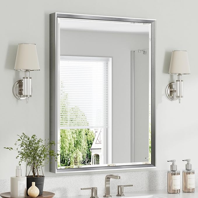 Silver Bathroom Mirror, 24x32 Inch Beveled Silver Vanity Mirror