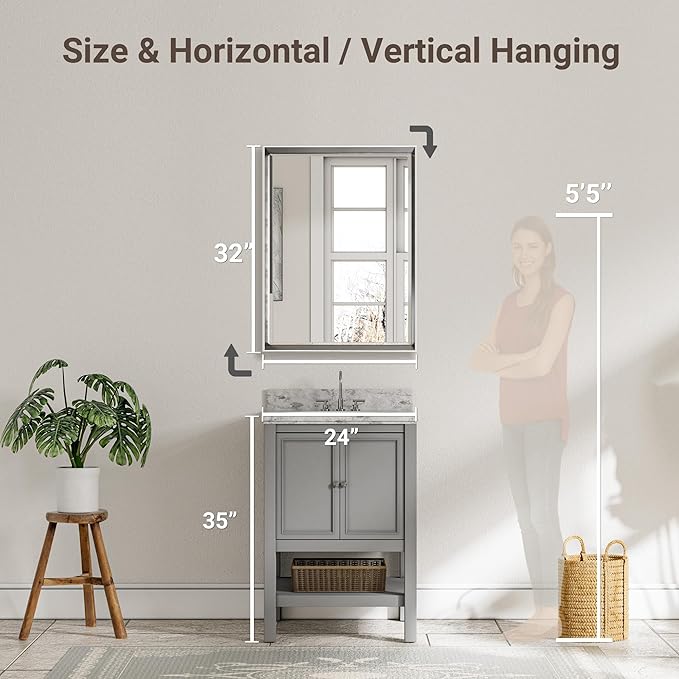 Silver Bathroom Mirror, 24x32 Inch Beveled Silver Vanity Mirror
