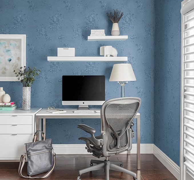Erfoni 197"x17.7" Grey Blue Peel and Stick Wallpaper Thicken Floral Embossed