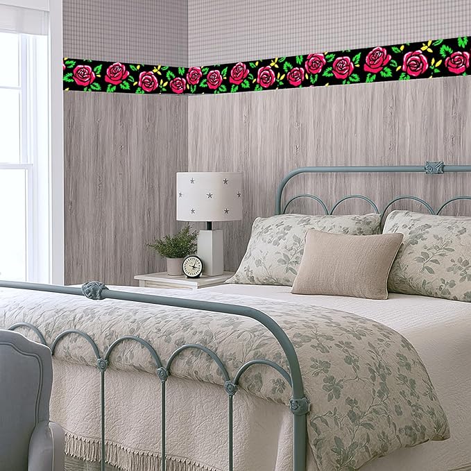 Red Rose Wall Border 196x4 Inch Peel and Stick Floral Wallpaper Border Black