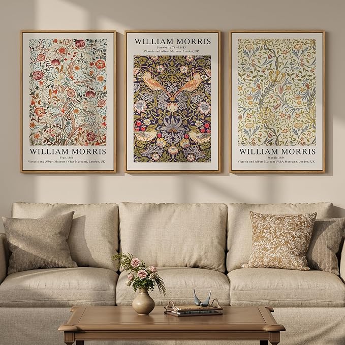 Large Framed William Morris Wall Art Set of 3, Vintage Strawberry Thief Canvas