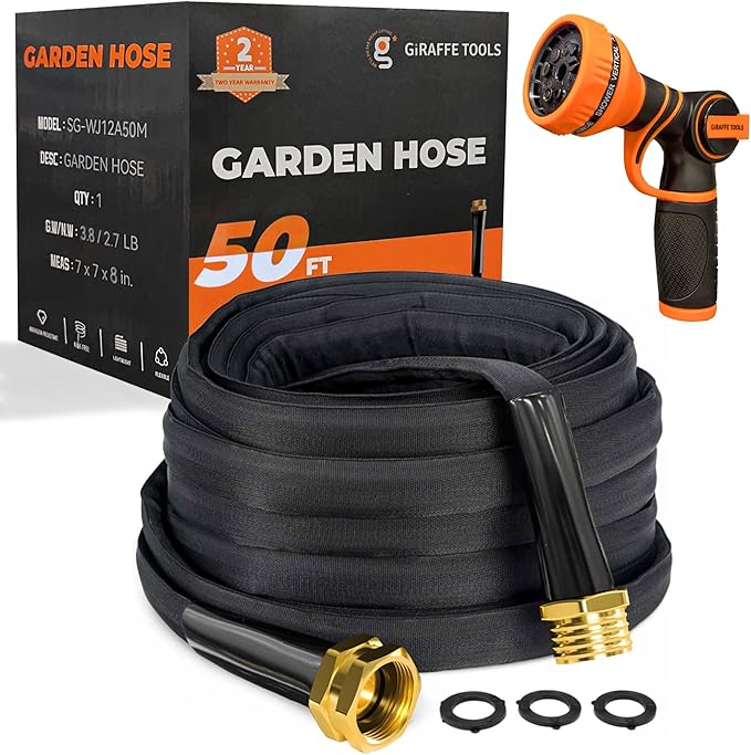 Giraffe Tools Garden Hose 50FT Lightweight Lay Flat Water Hose Kink Free Flexible Hose with 9 Spray Function Nozzleï¼Blackï¼