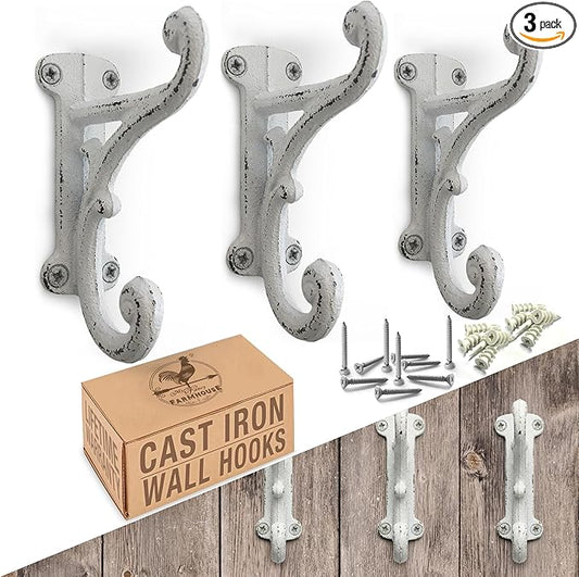 Rustic Cast Iron Coat Hooks Antique White, Wall Mounted, Farmhouse Decorative