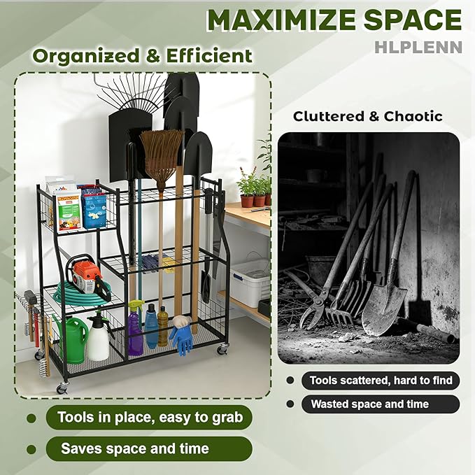 Large Garden Tool Organizer with Wheels, Yard Tool Organizer Stand for Long Handled Tools, Indoor/Outdoor Metal Yard Tool Storage Rack Cart for Garage, Shed, Garden