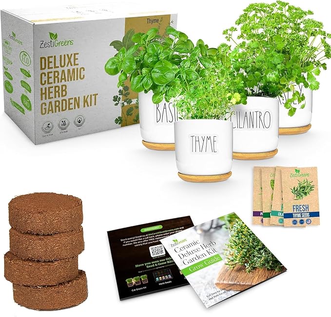 Deluxe Ceramic Indoor Herb Kit 4 Set. Variety Herbs for Indoor & Outdoor â Get Growing with Pots, Potting Soil for Window Herb Garden. (Ceramic Edition)