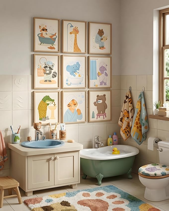 tgguytiy Kids Bathroom Wall Art Set of 9 Cute Animal Bathroom Decor
