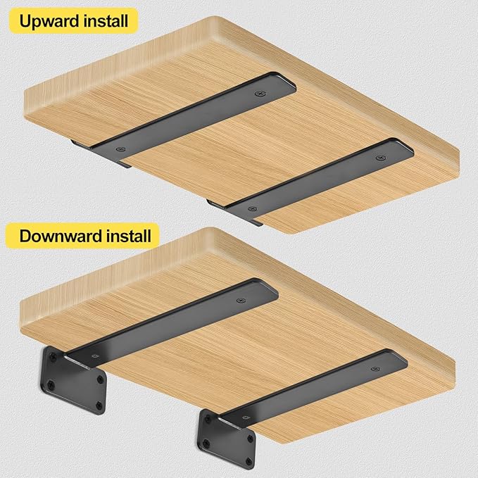 2 Pack - 12 inch Black Hidden L Shelf Bracket Iron Floating Shelf Brackets