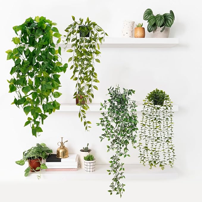 BLEUM CADE Fake Hanging Plants Mixed Set, Faux Hanging Potted Plants Greenery