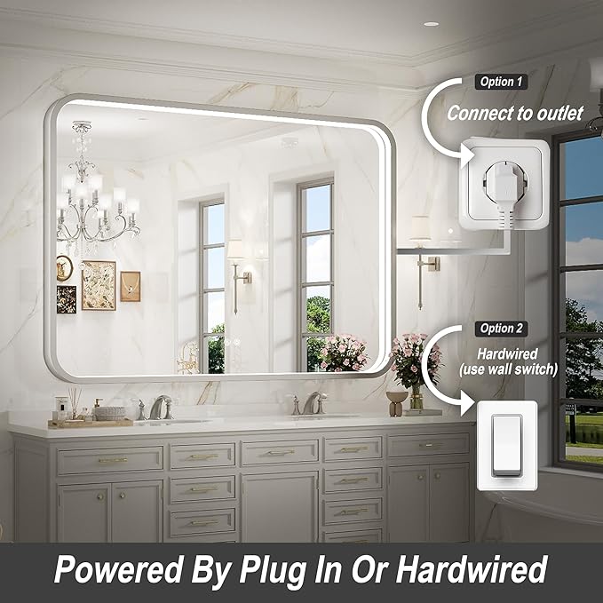 LED Bathroom Mirror with Lights, 43x36 Inch Brushed Silver Framed Lighted
