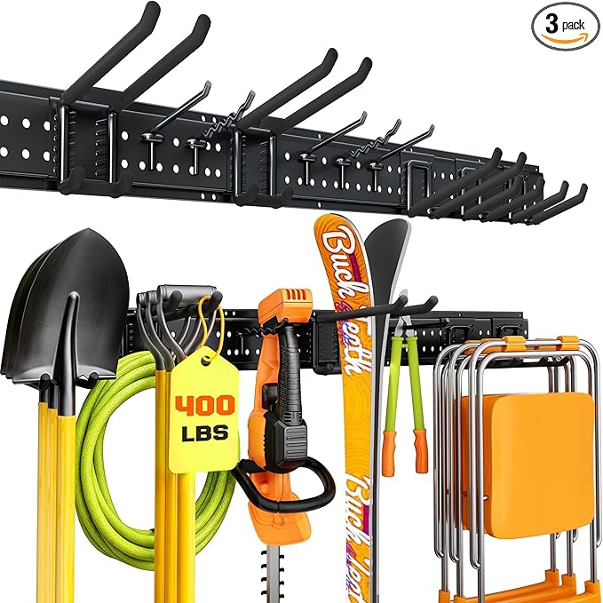 Garage Tool Organizer Wall Mount 49.5 inches with 10 Adjustable Heavy-Duty Hooks, Garage Organization, Garden Tool Storage Rack, Yard, and Shed, Holds Up to 400 lbs