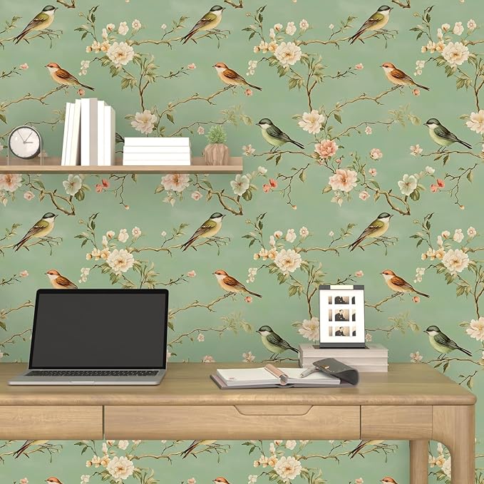 Laatse Green Floral Wallpaper Peel and Stick Bird Wallpaper Pink Flower Contact