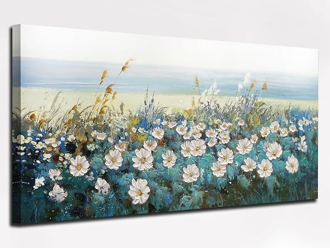 Arjun Flower Wall Art for Living Room, Teal Bedroom Canvas Daisy Floral Painting Landscape Picture Artwork Extra Large Textured Office Home Dining Room Kitchen Wall Decor 58"x29"