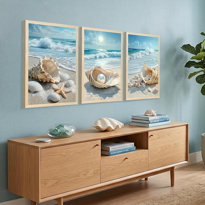 SYWENNOI 3 Piece Wood Framed Beach Wall Art, Sandy Shore, Pearl in Shell
